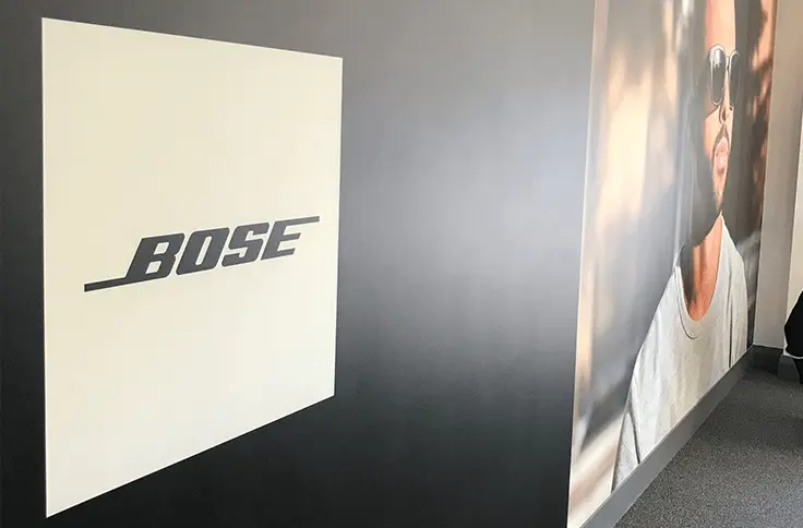 Printed one piece wall graphics installed by Wallace Print at Bose head offices.