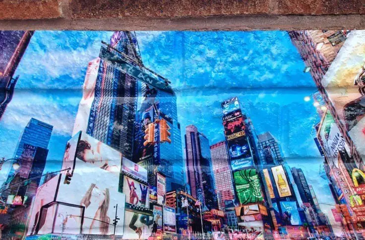 a photo of times square printed on brick wall vinyl