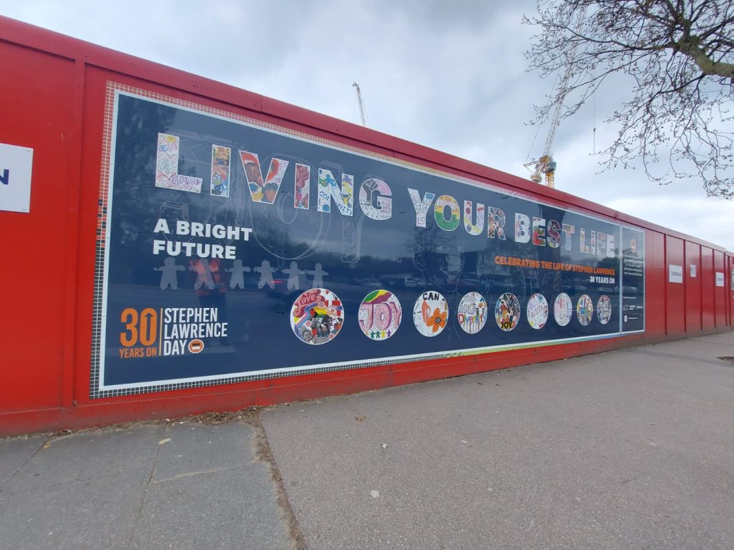 A photo of printed hoarding graphics installed by Wallace Print in central London