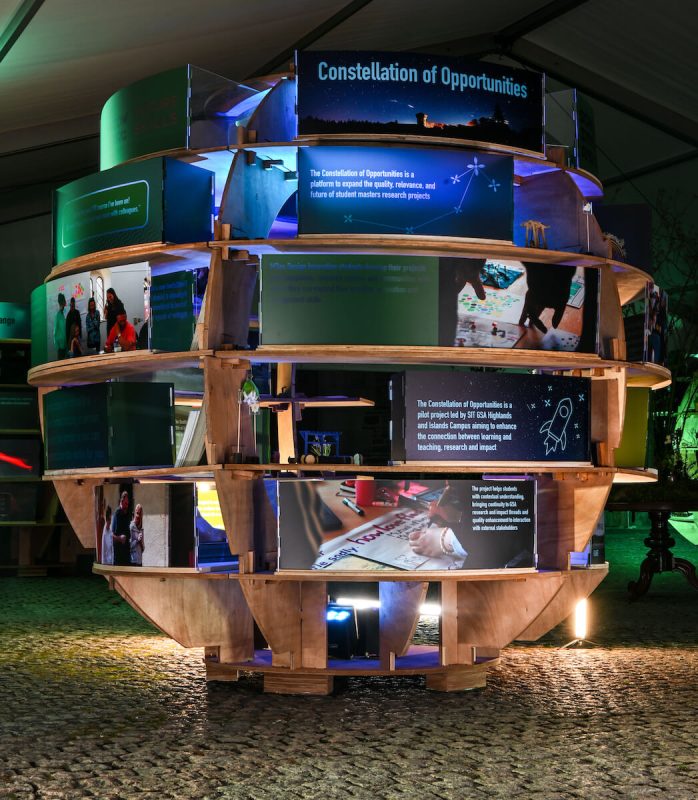 Rural Lab spherical structure lit in blue tones presenting creative student work and project information.